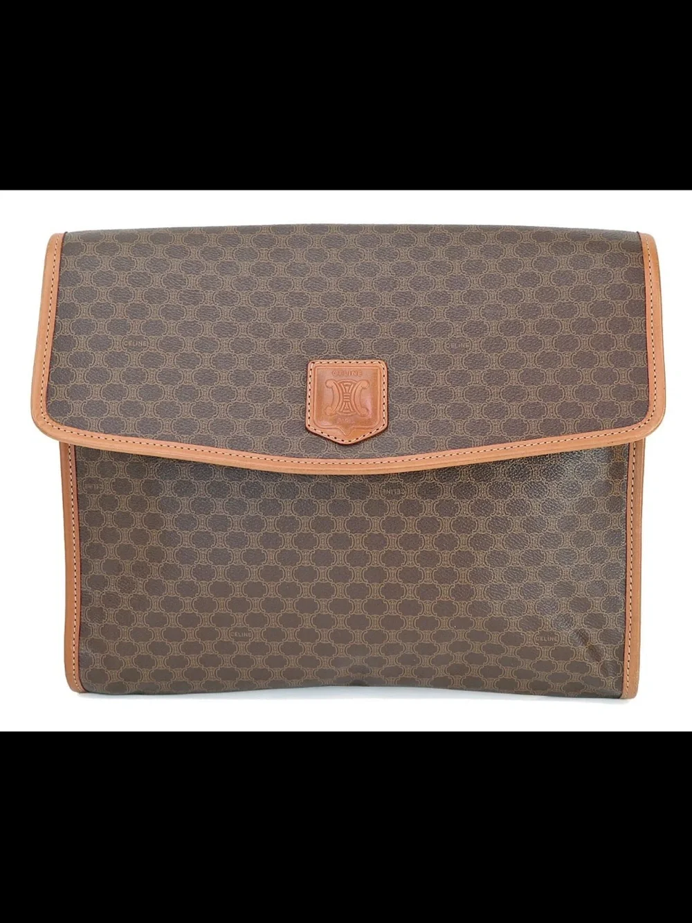 Celine Brown Coated Canvas Laptop Sleeve with Tan Leather Trim